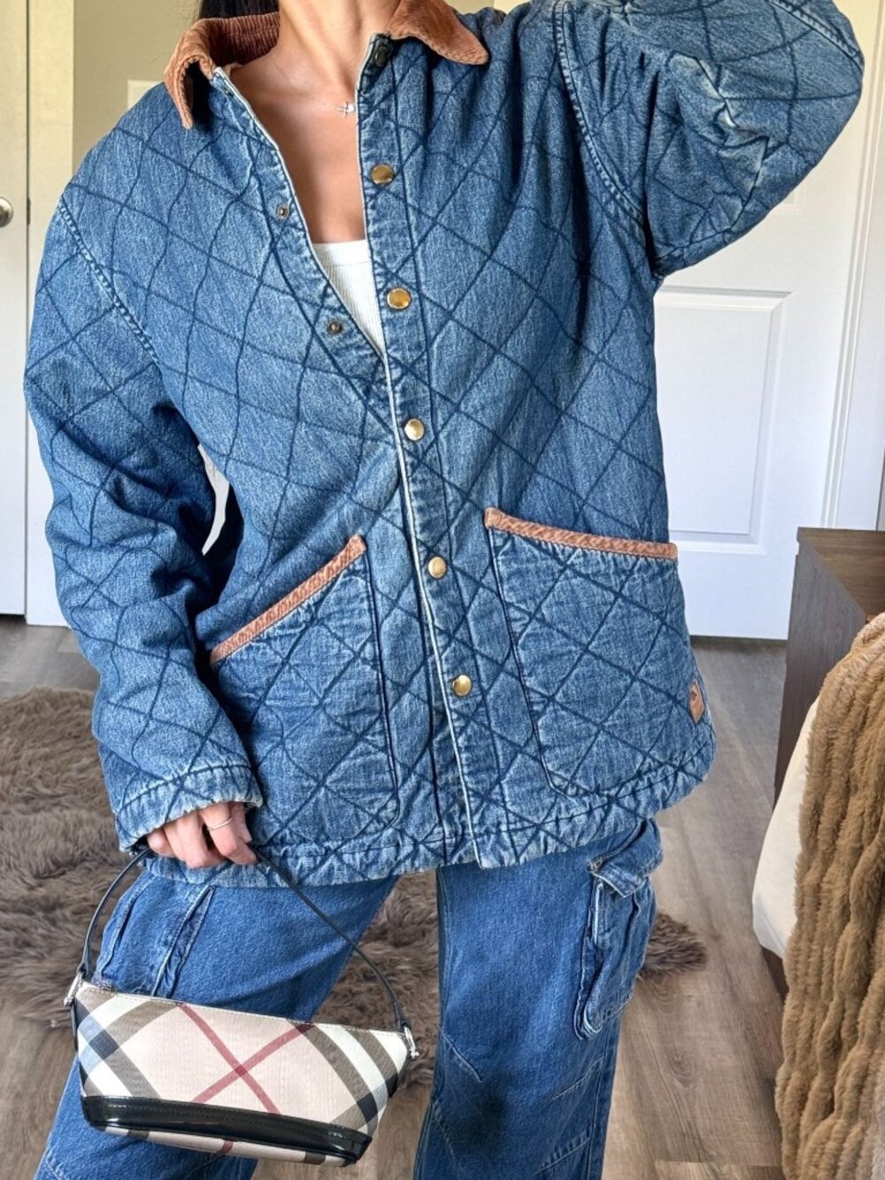 Vintage Ralph Lauren Quilted Denim Barn Chore Coat Womens Large Corduroy Collar